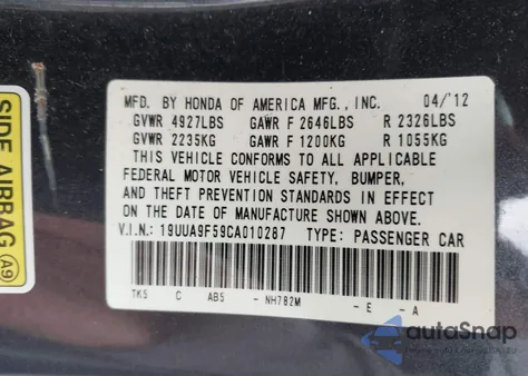 2012 Acura Tl 3.7 from USA, damaged, VIN 19UUA9F59CA010287